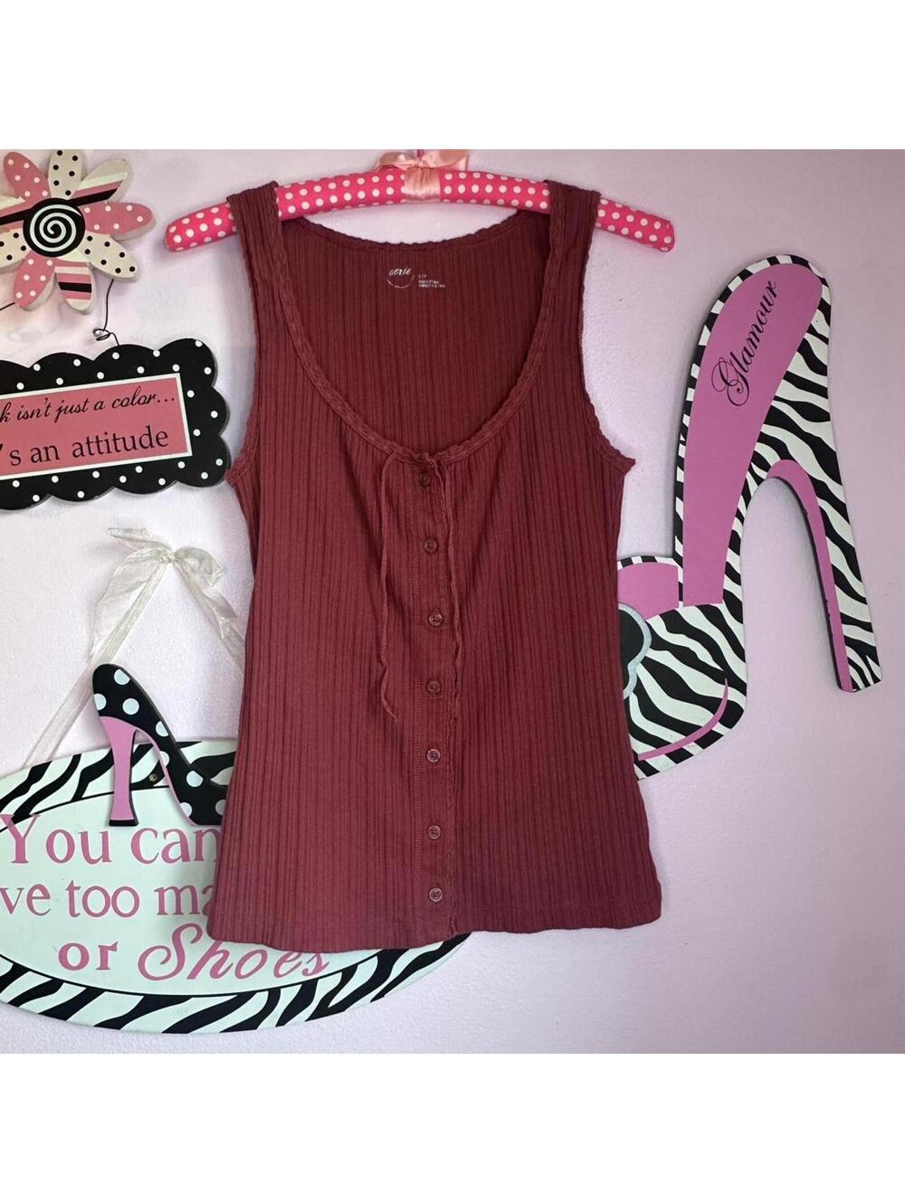 Elana Gilbert style ribbed henley tank in a muted brick red tone.